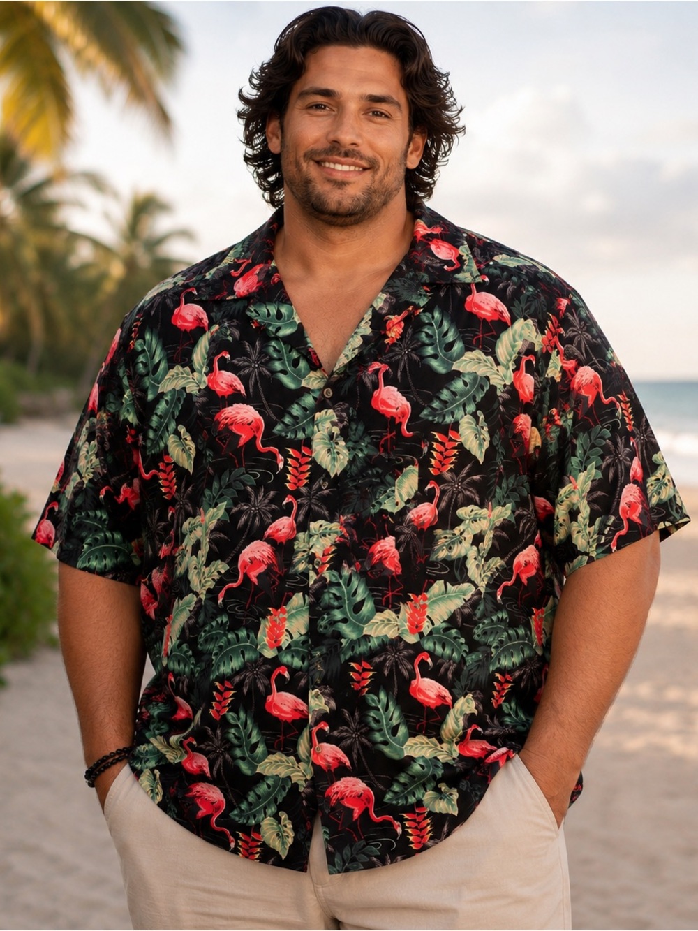 RJC Hawaiian Flamingo Shirt Men’s 3XL Made in Hawaii Black Tropical Aloha Button